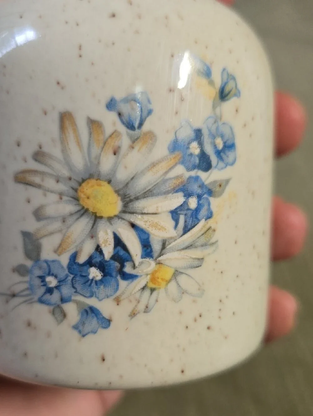 Speckled Cream Ceramic Canister with Blue Daisy Motif